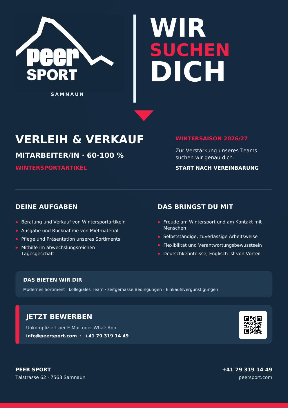 Stelleninserat Peer Sport: Verleih und Verkauf, 60 bis 100 Prozent
